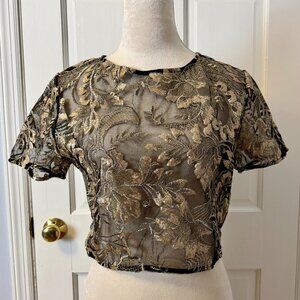 Women’s A'gaci Crop Black & Gold Sheer Lace Top With Botanical Motif, M